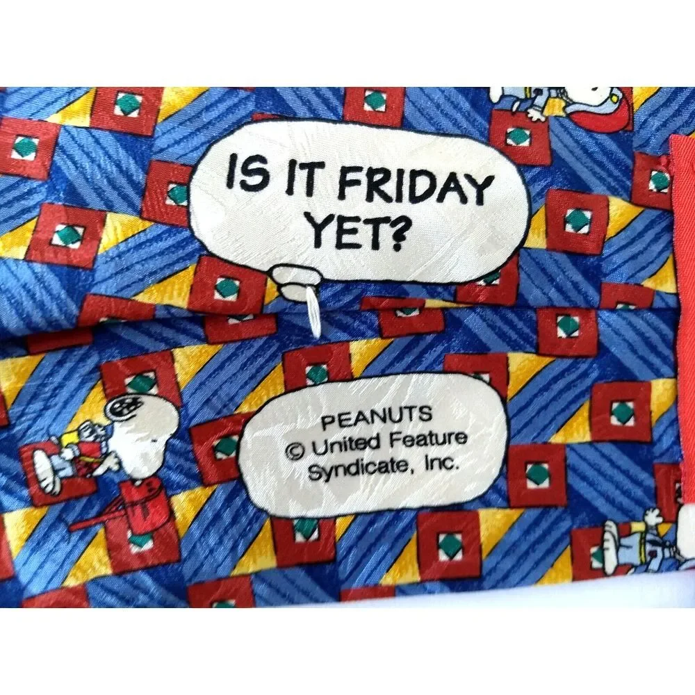 SNOOPY Peanuts Silk Tie Is It Friday Yet? Blue Red & Yellow Geometric Stripe USA